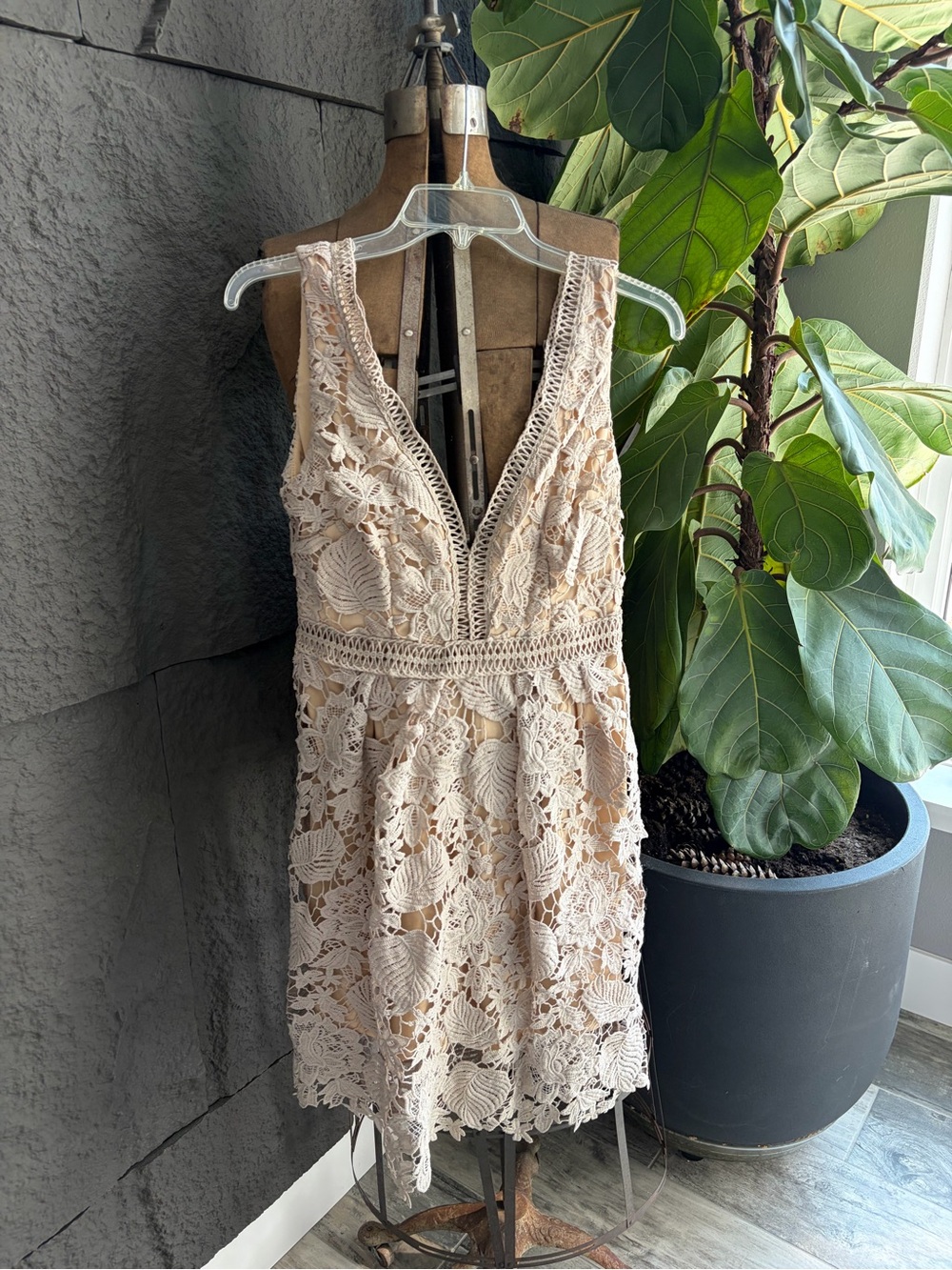 Sleeveless Lace V-Neck Women’s Dress in Beige